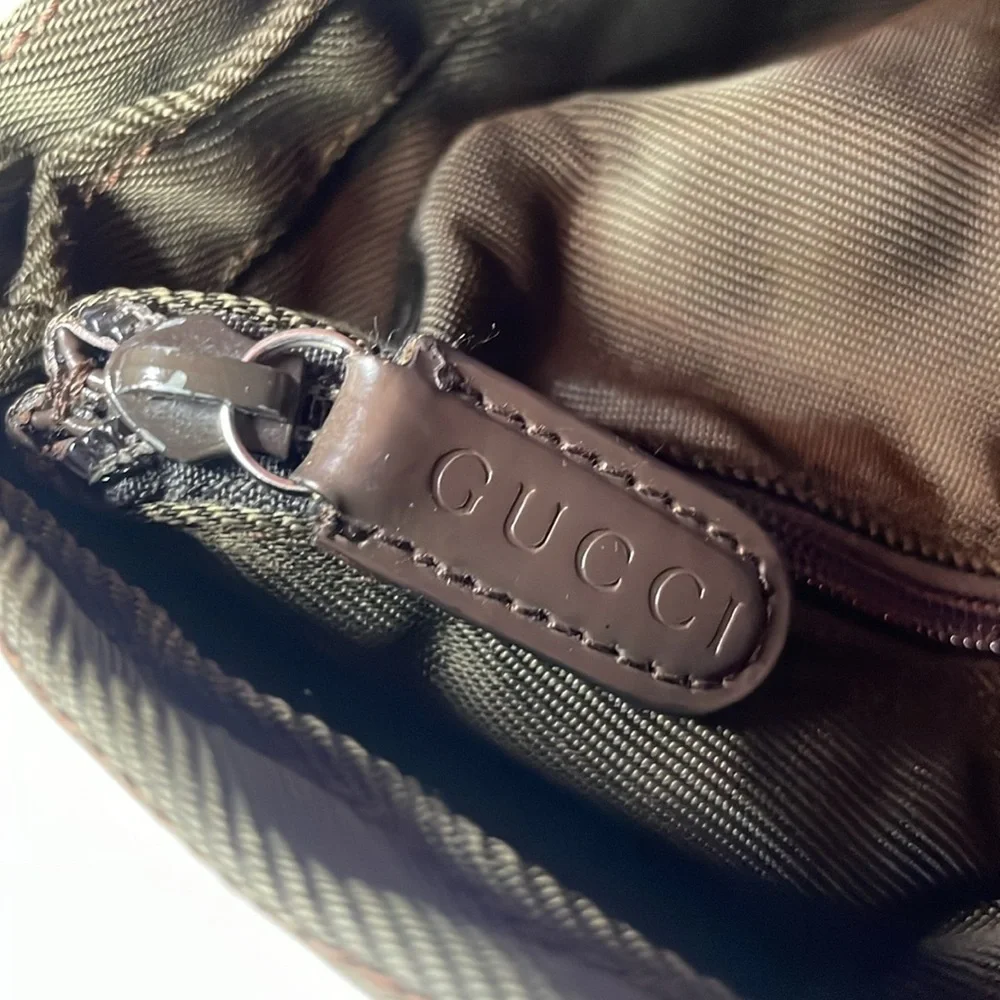 Gucci Vintage Bamboo Handle Nylon Leather Large Shopper Tote Olive Green Brown - Picture 12 of 15